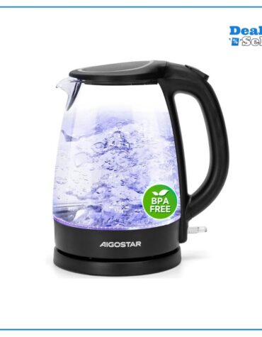 Aigostar 1,7L Wasserkocher Glas, Glaswasserkocher mit LED, 2200W, Wasserkocher Schwarz