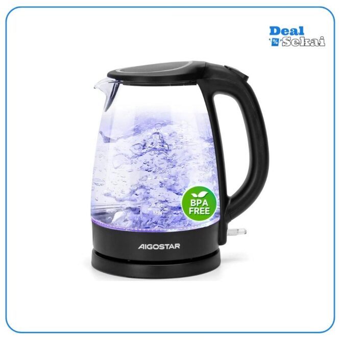 Aigostar 1,7L Wasserkocher Glas, Glaswasserkocher mit LED, 2200W, Wasserkocher Schwarz