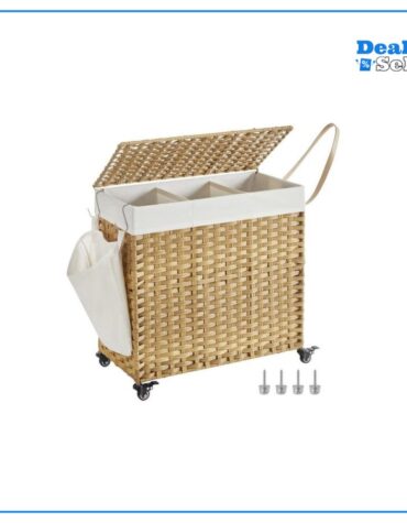 SONGMICS Wäschekorb, 140 L, mit 3 Fächern, herausnehmbare Tasche, Griffe