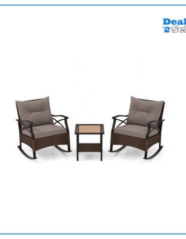 COSTWAY Balkonset (3-tlg), gepolsterte Schaukelstuhl aus Rattan