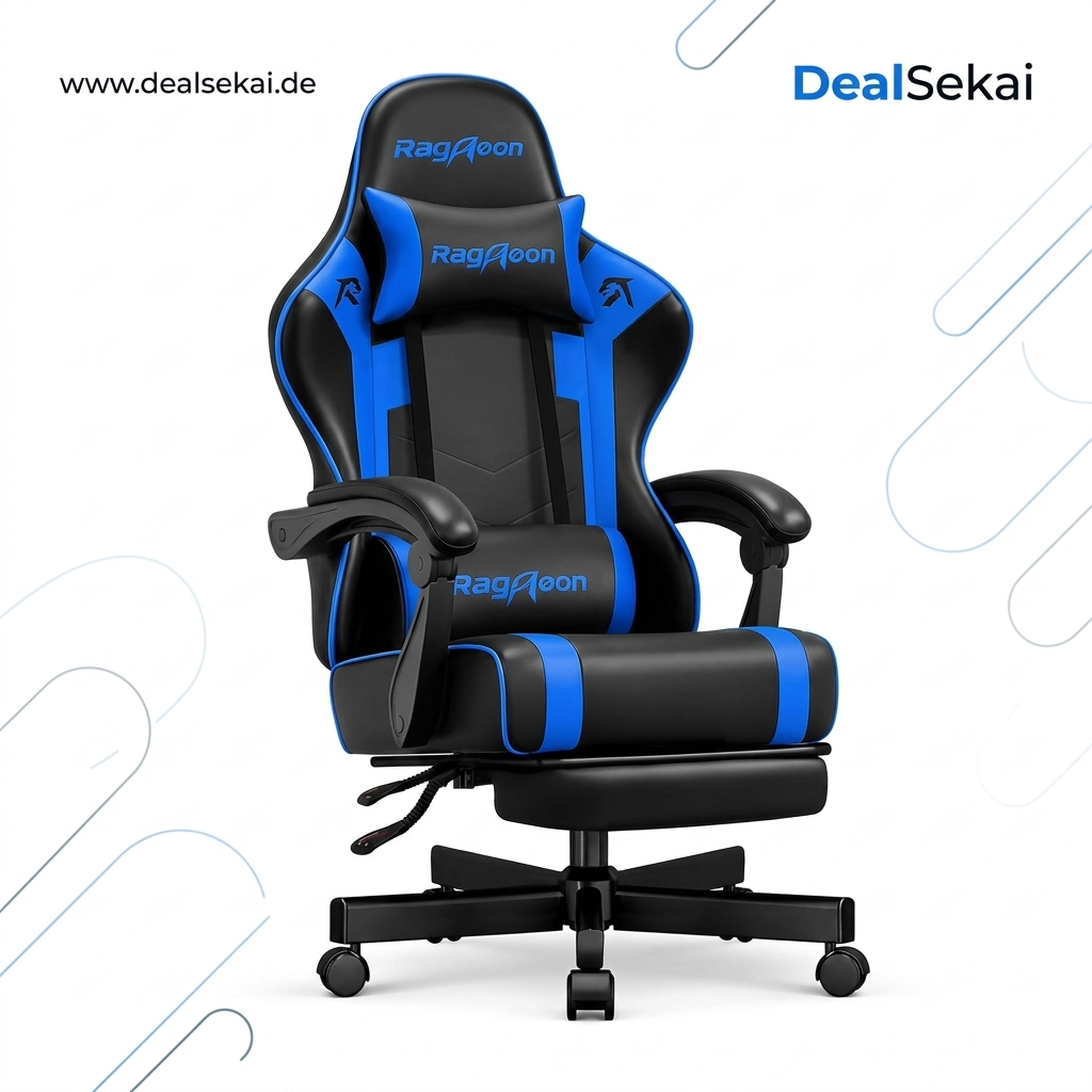 Gaming Stuhl Chair Gamer Sessel - Ergonomischer Gamer Stuhl mit Fußstütze Kopfstütze und Lordosenstütz Höhenverstellbar Gepolstert Gamingstuhl 220 Kg Tragkraft Schwarzblau