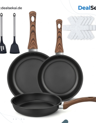 9-teiliges Pfanne Induktion - 20/25/30cm Nitridierte Antihaft-Pfanne, Hitzebeständiger Holzgriff, Für Alle Herdarten Geeignet – Pfanne Für Zuhause Und Camping, Schwarz