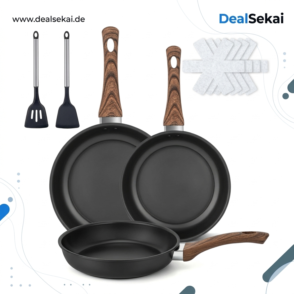 9-teiliges Pfanne Induktion - 20/25/30cm Nitridierte Antihaft-Pfanne, Hitzebeständiger Holzgriff, Für Alle Herdarten Geeignet – Pfanne Für Zuhause Und Camping, Schwarz
