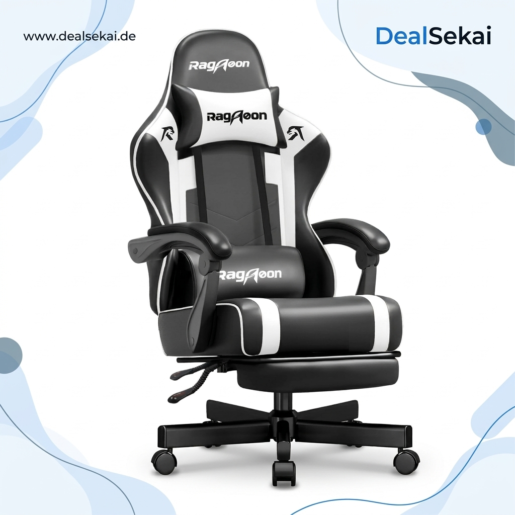 Gaming Stuhl Chair Gamer Sessel - Ergonomischer Gamer Stuhl Höhenverstellbar Gepolstert Gamingstuhl mit Fußstütze Kopfstütze und Lordosenstütz PC Sessel Drehsessel Tragkraft 300 Kg