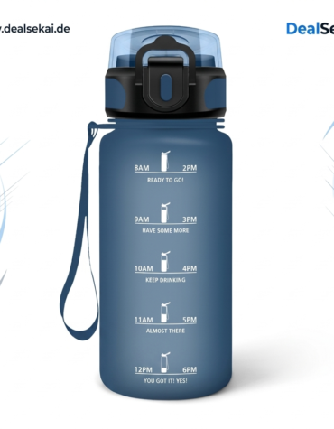 Trinkflasche Kinder - 500ml - Trinkflasche, Flasche mit Strohhalm, Leicht zu Reinigen, Wasserflasche uhrzeit, Auslaufsicher, Wasserflasche mit Zeitmarkierung für Schule, Reisen, Running, Navyblau