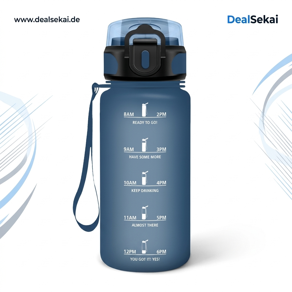 Trinkflasche Kinder - 500ml - Trinkflasche, Flasche mit Strohhalm, Leicht zu Reinigen, Wasserflasche uhrzeit, Auslaufsicher, Wasserflasche mit Zeitmarkierung für Schule, Reisen, Running, Navyblau