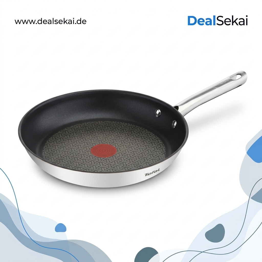 Tefal Duetto Pfanne 28cm, Edelstahlpfanne Induktion, Antihaftversiegelung, Thermo-Signal bei idealer Brattemperatur, leichte Reinigung, Kochen und Anbraten, für alle Herdarten geeignet, A70406